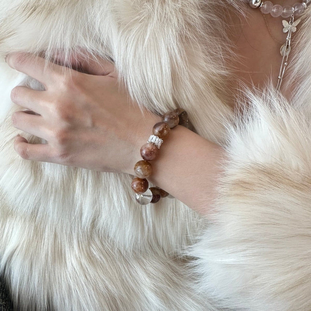 wearing-large-bead-yellow-agate-bracelet-for-joy
