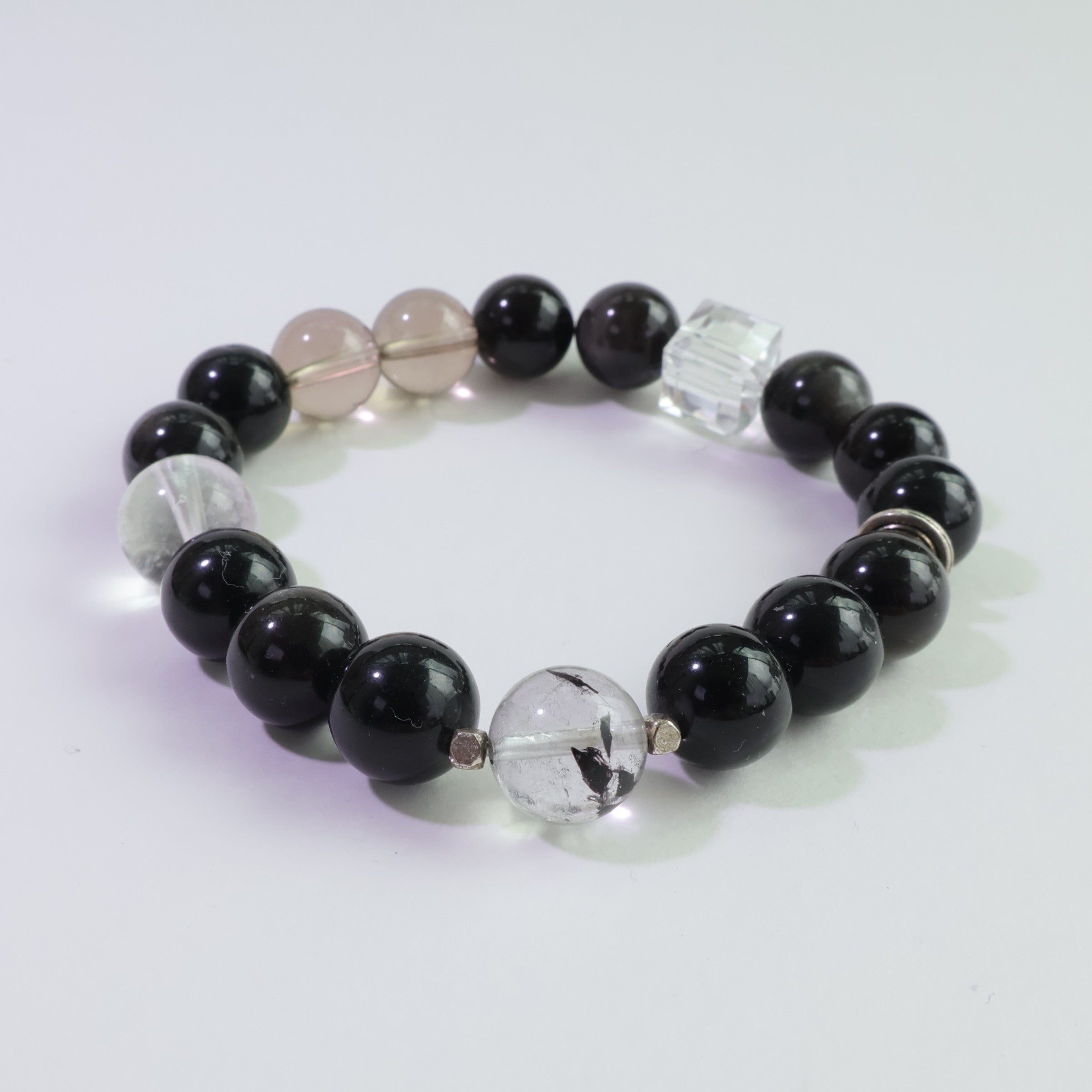 Eclipse Guardian - Natural Silver Obsidian & Herkimer Diamond Bracelet for Protection
