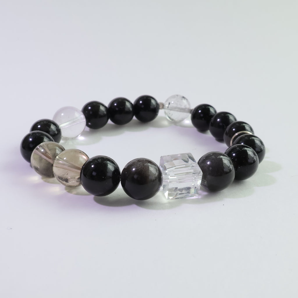 Eclipse Guardian - Natural Silver Obsidian & Herkimer Diamond Bracelet for Protection