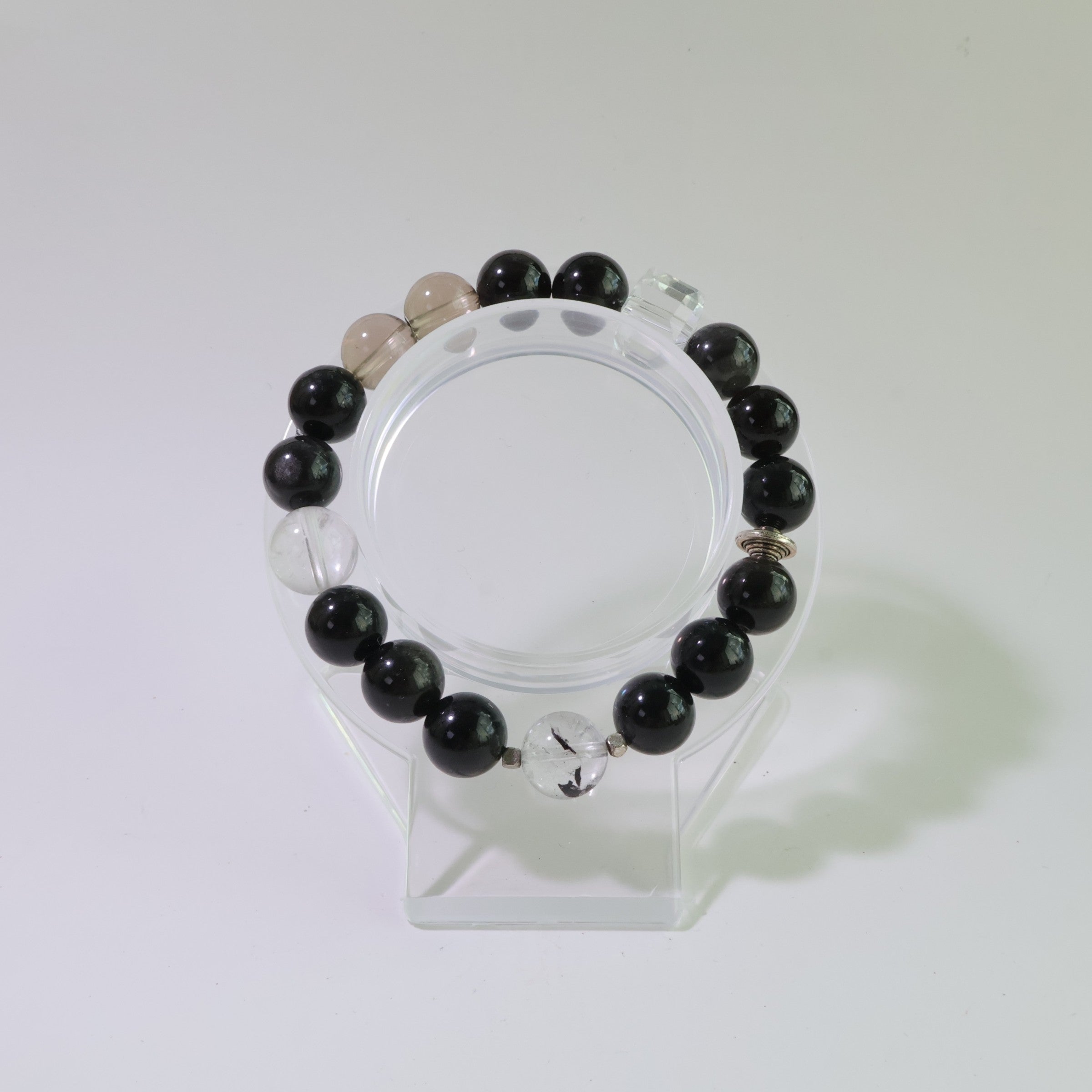 Eclipse Guardian - Natural Silver Obsidian & Herkimer Diamond Bracelet for Protection